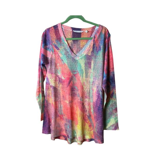 Soft Surroundings Multi Watercolor Pattern V Neck Top Size M - Picture 2 of 9